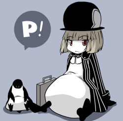 Rule 34 | 1girl, ascot, bad id, bad pixiv id, beak, bird, blue background, bob cut, boots, borrowed character, briefcase, brown hair, coat, collar, gloves, hat, long sleeves, looking at viewer, nijimofu, open clothes, open coat, original, pants, parachute pants, penguin, penguin (koala), red eyes, simple background, sitting, sleeve cuffs, striped, striped sleeves, toes