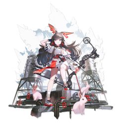 Rule 34 | 1girl, :p, animal ears, april (arknights), arknights, arm up, arrow (projectile), asymmetrical sleeves, bare legs, black gloves, black hair, bow (weapon), collared dress, compound bow, crossed legs, dress, elite ii (arknights), full body, gloves, hair between eyes, hand in own hair, highres, holding, holding bow (weapon), holding weapon, implied extra ears, long hair, long sleeves, looking at viewer, official art, purple eyes, quiver, rabbit, rabbit ears, reoen, shoes, short dress, short sleeves, single glove, smile, sneakers, socks, solo, standing, tongue, tongue out, transparent background, uneven sleeves, very long hair, water tower, watson cross, weapon, white dress, white footwear, white socks