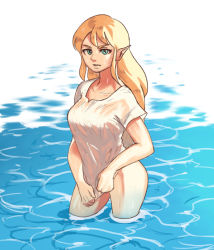 Rule 34 | blonde hair, blouse, blue eyes, breasts, highres, looking at viewer, nintendo, pointy ears, princess zelda, shirt, shirt grab, solo, the legend of zelda, tina fate, wading, water, wet, wet clothes, wet shirt, white shirt
