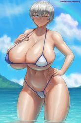Rule 34 | 1girl, alternate breast size, bare shoulders, bikini, blue eyes, breasts, closed mouth, cloud, collarbone, cowboy shot, day, hand on own hip, highres, huge breasts, looking at viewer, micro bikini, navel, ocean, one eye closed, outdoors, partially submerged, short hair, silver hair, skindentation, sky, smile, solo, standing, superbusty, swimsuit, uzaki-chan wa asobitai!, uzaki hana, water, wet, white bikini, wink