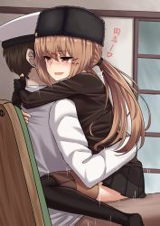 Rule 34 | 1boy, 1girl, admiral (kancolle), black gloves, black hat, black skirt, blush, boots, brown eyes, brown hair, clothed sex, fingerless gloves, fur hat, girl on top, gloves, hat, hetero, highres, implied sex, kantai collection, long hair, long sleeves, low twintails, military, military uniform, naval uniform, papakha, peaked cap, sex, shirt, sitting, skirt, straddling, sweat, tashkent (kancolle), thigh boots, thighhighs, twintails, uniform, upright straddle, yakob labo