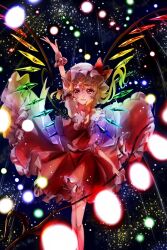 Rule 34 | 1girl, bow, closed mouth, collared shirt, danmaku, dark background, don (gsft3523), feet out of frame, flandre scarlet, frilled shirt collar, frilled skirt, frills, glowing, glowing wings, hat, hat bow, holding, holding polearm, holding weapon, laevatein (touhou), long hair, looking at viewer, mob cap, multicolored wings, one side up, polearm, puffy short sleeves, puffy sleeves, rainbow order, red bow, red eyes, red ribbon, red skirt, red vest, ribbon, shirt, short sleeves, skirt, skirt set, sleeve ribbon, solo, spell card, touhou, vest, weapon, white hat, white shirt, wings, wrist cuffs