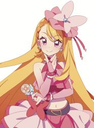 Rule 34 | 1girl, belt bow, blonde hair, bridal gauntlets, butterfly earrings, commentary, cure butterfly, earrings, highres, hirogaru sky! precure, jewelry, long hair, magical girl, midriff, pink headwear, pink skirt, precure, purple eyes, qianxia yell, skirt, smile, solo, symbol-only commentary, v over mouth, very long hair, white background