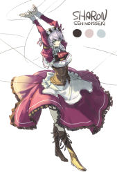 Rule 34 | 1girl, apron, arms up, ascot, blue eyes, boots, breasts, brown footwear, character name, color guide, copyright name, corset, dress, eiyuu densetsu, falcom, frilled dress, frills, full body, irise ryouji, knee boots, light purple hair, long sleeves, looking at viewer, maid, maid apron, maid headdress, medium breasts, puffy long sleeves, puffy sleeves, red ascot, sen no kiseki, sharon kreuger, short hair, simple background, smile, solo, standing, string, thighs, white background