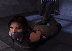 Rule 34 | 1girl, 3d, ass, bound, bound ankles, bound arms, bound wrists, breasts, brown eyes, brown hair, gag, gagged, hogtie, improvised gag, iorel-renders, jewelry, lara croft, necklace, tape, tape gag, tomb raider, tomb raider (reboot)