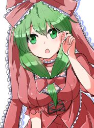 Rule 34 | 1girl, blush, bow, breasts, collarbone, dress, frilled bow, frilled sleeves, frills, front ponytail, green eyes, grey hair, hair between eyes, hair bow, hair ribbon, kagiyama hina, looking at viewer, medium breasts, oshiaki, puffy short sleeves, puffy sleeves, red dress, red ribbon, red skirt, ribbon, short sleeves, simple background, skirt, solo, touhou, upper body, white background