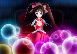 Rule 34 | 1girl, ashley (warioware), big hair, black hair, black pantyhose, blush, book, book stack, bookshelf, closed mouth, collarbone, couch, dress, hairband, indoors, lamp, light particles, long hair, long sleeves, looking at viewer, maritchi, night, nintendo, hugging object, orange hairband, pantyhose, red dress, red eyes, shoes, sitting, solo, stuffed animal, stuffed rabbit, stuffed toy, twintails, very long hair, warioware, wide sleeves