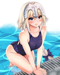 Rule 34 | 1girl, absurdres, arm support, bare arms, bare legs, barefoot, blonde hair, blue eyes, blue one-piece swimsuit, braid, breasts, commentary request, contemporary, fate/grand order, fate (series), hair between eyes, headpiece, highres, jeanne d&#039;arc (fate), jeanne d&#039;arc (ruler) (fate), large breasts, long braid, long hair, looking at viewer, one-piece swimsuit, pool, poolside, sarfata, single braid, smile, solo, swimsuit, very long hair, wading, wet, wet clothes