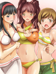 Rule 34 | 3girls, amagi yukiko, angry, atlus, bare shoulders, bikini, black hair, blush, breast suppress, breasts, breasts apart, brown eyes, brown hair, cleavage, cleavage cutout, clenched hand, clenched teeth, clothing cutout, collarbone, covered erect nipples, criss-cross halter, crop top, hairband, halterneck, highres, kujikawa rise, large breasts, long hair, looking at viewer, medium breasts, mei ichi, midriff, multiple girls, navel, open mouth, persona, persona 4, pink background, pointing, red hair, sarong, satonaka chie, short hair, shorts, sideboob, simple background, small breasts, standing, swimsuit, teeth, thigh gap, twintails, yellow eyes