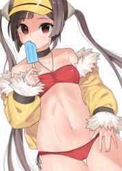Rule 34 | 1girl, azur lane, bare shoulders, bikini, black choker, breasts, brown hair, choker, cowboy shot, food, fur trim, hand on own thigh, jacket, long hair, looking at viewer, mouth hold, navel, off shoulder, official alternate costume, ootani nonno, open clothes, open jacket, ping hai (azur lane), ping hai (summer vacation) (azur lane), popsicle, red bikini, red eyes, simple background, skindentation, small breasts, solo, stomach, swimsuit, thigh gap, thighs, twintails, very long hair, visor cap, wet, white background, yellow jacket