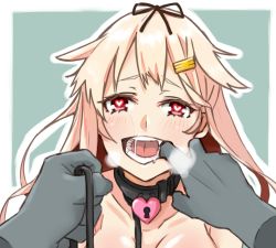 Rule 34 | 1girl, 1other, alakoala, animal collar, bare shoulders, bdsm, black ribbon, blonde hair, border, breasts, collar, gloves, grey background, hair flaps, hair ornament, hair ribbon, hairclip, heart, heart-shaped pupils, heart lock (kantai collection), highres, kantai collection, leash, long hair, medium breasts, mouth pull, pov, red eyes, ribbon, saliva, sexually suggestive, slave, symbol-shaped pupils, teeth, two-tone background, upper body, viewer holding leash, white border, yuudachi (kancolle)