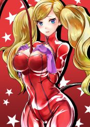 Rule 34 | 1girl, bad id, bad pixiv id, between breasts, blonde hair, blue eyes, blush, bodysuit, breast suppress, breasts, cheri shi, cleavage, cleavage cutout, clothing cutout, cowboy shot, fake tail, full-length zipper, gloves, large breasts, long hair, looking at viewer, parted lips, persona, persona 5, pink gloves, red background, red bodysuit, solo, star (symbol), swept bangs, tail, takamaki anne, twintails, whip, zipper