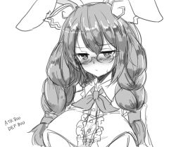 Rule 34 | 1girl, :/, animal ears, blush, braid, breasts, buttons, closed mouth, commentary request, efukei, frills, glasses, greyscale, large breasts, long hair, monochrome, nose blush, rabbit ears, seiran (touhou), simple background, solo, sweat, touhou, twin braids, upper body, white background, yu-gi-oh!