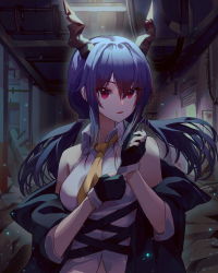 Rule 34 | 1girl, absurdres, adjusting clothes, adjusting gloves, arknights, bad id, bad pixiv id, bare shoulders, black gloves, black jacket, blue hair, breasts, ch&#039;en (arknights), collared shirt, commentary, dress shirt, english commentary, fingerless gloves, gloves, hair between eyes, hair ornament, hairclip, highres, indoors, jacket, long hair, low twintails, medium breasts, necktie, off shoulder, open clothes, open jacket, parted lips, red eyes, shirt, solo, twintails, upper body, white shirt, yellow necktie, zain (jiha3905)