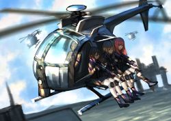 Rule 34 | 3girls, ahd, aircraft, assault rifle, bad id, bad pixiv id, blonde hair, blurry, blurry background, brown hair, day, flying, gloves, gun, helicopter, highres, holding, holding gun, holding weapon, knee pads, military, motion blur, multiple girls, original, outdoors, red hair, rifle, sitting, weapon