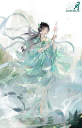 Rule 34 | 1girl, absurdres, artist request, baiguio (zhu xian), black hair, branch, closed mouth, dress, earrings, facial mark, fog, forehead mark, full body, green dress, green eyes, green footwear, hagoromo, hair ornament, highres, holding, holding branch, jewelry, long hair, mountain, reflection, ripples, second-party source, shawl, water, zhu xian