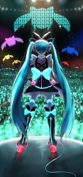 Rule 34 | 1girl, 39, 39 music (vocaloid), aqua hair, audience, backlighting, black bow, black dress, boots, bow, cable, commentary, concert, dress, dress bow, frilled skirt, frills, from behind, full body, gloves, glowstick, hair bow, hair ornament, hand on own hip, hatsune miku, headphones, high heel boots, high heels, highres, holding, holding microphone, hoop skirt, itogari, long hair, magical mirai (vocaloid), magical mirai miku, magical mirai miku (2016), microphone, neon trim, penlight (glowstick), skirt, standing, twintails, very long hair, vocaloid, white gloves, white legwear