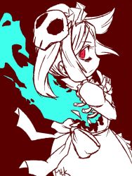 Rule 34 | 1girl, apron, bloody marie (skullgirls), bow, fire, frilled apron, frills, frown, hair ornament, highres, juliet sleeves, long sleeves, maid headdress, mtk hoshi, puffy sleeves, red eyes, ribs, skull hair ornament, skullgirls, solo, spot color, twintails, upper body