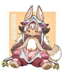 Rule 34 | 1other, :&lt;, absurdres, androgynous, animal ears, animal feet, arms at sides, barefoot, blush, body fur, border, brown fur, character name, fake horns, full body, furry, half-closed eyes, helmet, highres, horizontal pupils, horned helmet, horns, looking at viewer, made in abyss, nanachi (made in abyss), navel, nikamoka, orange background, orange eyes, outside border, outstretched legs, puffy pants, simple background, sitting, solo, tail, topless, whiskers, white border, white hair