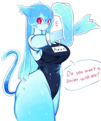 Rule 34 | animal ears, aqua (togetoge), blue hair, blue skin, breasts, cat ears, cat girl, cat tail, colored skin, ear piercing, furry, furry female, highres, large breasts, long hair, looking at viewer, monster girl, one-piece swimsuit, original, piercing, red eyes, sideboob, slime girl, stretching, swimsuit, tail, thick thighs, thighs, togetoge, wide hips