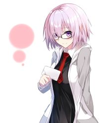 Rule 34 | 1girl, arm behind back, black shirt, blush, breasts, eyes visible through hair, fate/grand order, fate (series), glasses, hair over one eye, holding, holding letter, jacket, large breasts, letter, long sleeves, mash kyrielight, necktie, open clothes, open jacket, pink hair, purple eyes, red necktie, shirt, short hair, simple background, smile, solo, tsuezu