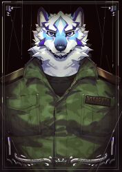 Rule 34 | 1boy, absurdres, animal ears, bara, black background, black shirt, commentary request, furry, furry male, highres, jacket, live a hero, looking at viewer, male focus, military jacket, military uniform, omochi kuitai, portrait, sadayoshi (live a hero), shirt, uniform, upper body, wolf boy, wolf ears