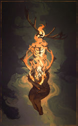Rule 34 | 1girl, anato finnstark, antlers, barefoot, burning, commentary, completely nude, curled up, english commentary, floating, highres, horns, nude, orange theme, original, signature, skeleton, solo