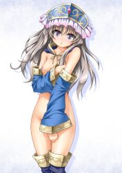 Rule 34 | 1girl, atelier (series), atelier totori, blush, boots, breast hold, breasts, covering privates, covering breasts, covering crotch, detached sleeves, female focus, flat chest, hat, highres, long hair, looking at viewer, nipples, nude, purple eyes, roura, silver hair, skinny, slender, solo, thigh boots, thighhighs, totooria helmold