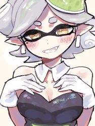 Rule 34 | + +, 1girl, bad id, bad twitter id, black dress, blush, breast suppress, breasts, cleavage, collarbone, detached collar, dress, fangs, gloves, grin, hair rings, hands on own chest, inkling, looking at viewer, marie (splatoon), mera (keel), nintendo, object on head, short hair, silver hair, simple background, smile, solo, splatoon (series), splatoon 1, strapless, strapless dress, symbol-shaped pupils, twitter username, upper body, white gloves, yellow eyes