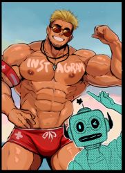Rule 34 | 2boys, abs, absurdres, armband, armpits, bara, beach, beard, biceps, black hair, blonde hair, blue eyes, body writing, bulge, drawstring, facial hair, feet out of frame, flexible, flexing, hand on own hip, highres, large pectorals, lifeguard, looking at viewer, male focus, male swimwear, manly, mask, mature male, multicolored hair, multiple boys, muscular, muscular male, nipples, original, outdoors, pectorals, red male swimwear, red swim trunks, robokeh, sand, sky, smile, stubble, swim trunks, tan, teeth, thick arms, thick eyebrows, thick thighs, thighs, undercut, veins, veiny arms, whistle, whistle around neck