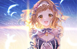 Rule 34 | 1girl, arm guards, armband, blush, breasts, brown eyes, brown hair, cleavage, detached collar, earrings, feathers, flower, gradient background, hair flower, hair ornament, hands on own chest, headdress, highres, idolmaster, idolmaster shiny colors, iku2727, jewelry, long hair, looking at viewer, medium breasts, neck ribbon, open mouth, purple ribbon, ribbon, sakuragi mano, see-through, see-through sleeves, smile, solo, star (symbol), star earrings, star hair ornament, tears