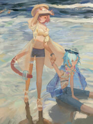 Rule 34 | 1boy, 1girl, absurdres, animal ears, arknights, arm up, beret, between legs, bikini, bikini under clothes, black headwear, black jacket, black shorts, blue hair, brown headwear, cat ears, cat girl, cat tail, closed mouth, commentary request, creator connection, goldenglow (arknights), goldenglow (summer flowers) (arknights), grey eyes, hair between eyes, hand between legs, hat, highres, holding hands, jacket, jacket on shoulders, long sleeves, mizuki (arknights), navel, pink hair, sandals, shirt, short shorts, short sleeves, shorts, sitting, standing, susukawa (susucawa), swimsuit, tail, water, waves, white footwear, white shirt