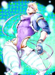 Rule 34 | 1boy, bad id, bad pixiv id, blonde hair, blue jacket, caesar anthonio zeppeli, chel, cropped jacket, fabulous, facial mark, feather hair ornament, feathers, fingerless gloves, gloves, green eyes, hair ornament, headband, highleg, highleg leotard, jacket, jojo no kimyou na bouken, legs, leotard, male focus, official alternate costume, pants, scarf, solo, striped clothes, striped pants