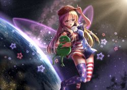 Rule 34 | 1girl, :d, alternate legwear, american flag dress, american flag legwear, baseball cap, blonde hair, boy&#039;s club, breasts, city lights, clownpiece, dress, earth (planet), eyebrows, fairy wings, fii fii (feefeeowo), floating, frog, hat, highres, index finger raised, knees together feet apart, light rays, lips, long hair, looking at viewer, make america great again, medium breasts, meme, neck ruff, open mouth, pepe the frog, pink eyes, planet, red hat, short dress, short sleeves, smile, smug, solo, space, star (sky), star (symbol), star print, striped clothes, striped dress, striped thighhighs, sunbeam, sunlight, thighhighs, touhou, wings, zettai ryouiki
