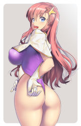 Rule 34 | 00s, 1girl, :d, ass, blue eyes, border, breasts, capelet, cowboy shot, eyebrows, gloves, grey background, gundam, gundam seed, gundam seed destiny, hair between eyes, hair ornament, hand under clothes, highleg, highleg leotard, large breasts, leotard, long hair, looking at viewer, looking back, meer campbell, nagase haruhito, open mouth, pink hair, rounded corners, simple background, smile, solo, star (symbol), star hair ornament, thong, thong leotard, white gloves