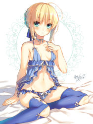 Rule 34 | 1girl, ahoge, aqua eyes, artoria pendragon (all), artoria pendragon (fate), babydoll, bare shoulders, bed sheet, blonde hair, blue panties, blue thighhighs, blush, braid, breasts, choker, collarbone, commentary request, fate/stay night, fate (series), frilled panties, frills, groin, hand on own chest, lingerie, looking at viewer, navel, official alternate costume, panties, saber (fate), short hair, sidelocks, signature, sitting, small breasts, solo, thighhighs, toosaka asagi, underwear, underwear only, yokozuwari