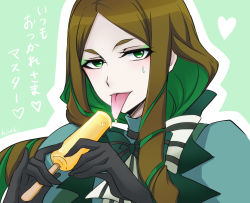 Rule 34 | 10s, 1girl, artist name, black gloves, brown hair, colored inner hair, eyeshadow, food, gloves, green background, green eyes, green hair, heart, highres, kiraki, long hair, long tongue, looking at viewer, makeup, multicolored hair, phara suyuf, popsicle, saliva, senki zesshou symphogear, sexually suggestive, solo, sweatdrop, tongue, tongue out, translation request