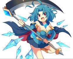 Rule 34 | 1girl, ahoge, al (majin shoujo), arm guards, belt, blue hair, blue skirt, brave dungeon, breasts, cape, cleavage, crystal, hair intakes, holding, holding weapon, iroyopon, jewelry, looking at viewer, majin shoujo, medium breasts, messy hair, official art, open mouth, pendant, pleated skirt, red eyes, scythe, short hair, simple background, skirt, solo, two-handed, weapon, white background