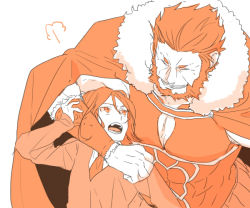 Rule 34 | 2boys, age difference, armor, bad id, bad pixiv id, bara, beard, cape, closed eyes, facial hair, fate/zero, fate (series), food, fruit, grin, iskandar (fate), male focus, monochrome, multiple boys, muscular, necktie, open mouth, orange (fruit), orange theme, short hair, size difference, smile, vambraces, waver velvet, youvvsuke