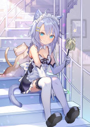 Rule 34 | 1girl, ahoge, animal, animal ears, apron, bare shoulders, between legs, black dress, black footwear, blue eyes, breasts, cat, cat ears, cat girl, cat tail, cleavage, detached collar, dress, duster, elbow gloves, gloves, hair ornament, highres, holding, lace, lace-trimmed legwear, lace trim, light purple hair, loafers, long hair, looking at viewer, maid, maid apron, maid headdress, original, rk (rktorinegi), shoes, sitting, sleeveless, sleeveless dress, small breasts, smile, solo, stairs, tail, thighhighs, white gloves, white thighhighs, x hair ornament