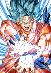 Rule 34 | 1boy, absurdres, attack, blue background, blue eyes, blue hair, colorful, dougi, dragon ball, dragonball z, energy, energy ball, fighting stance, fingernails, greymon (nodoame1215), highres, incoming attack, kamehameha (dragon ball), looking at viewer, male focus, official style, open hands, open mouth, outstretched arms, outstretched hand, serious, short hair, solo, son goku, spiked hair, super saiyan, super saiyan blue