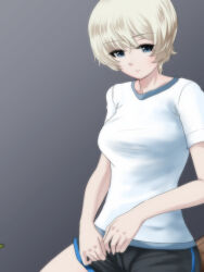 Rule 34 | 1girl, black shorts, blue eyes, closed mouth, commentary, dolphin shorts, frown, girls und panzer, grey background, gym uniform, highres, looking at viewer, shirt, short hair, short shorts, short sleeves, shorts, sitting, solo, t-shirt, white hair, white shirt, youko (girls und panzer), yoyokkun
