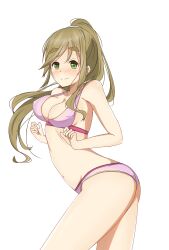Rule 34 | 1girl, absurdres, bikini, breasts, brown hair, cleavage, cowboy shot, green eyes, highres, inuyama aoi, large breasts, long hair, looking at viewer, pink bikini, ponytail, simple background, solo, swept bangs, swimsuit, thick eyebrows, white background, yasuc, yurucamp