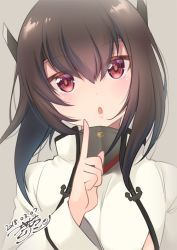 Rule 34 | 1girl, :o, blush, brown hair, collar, dated, grey background, head tilt, headband, index finger raised, kantai collection, long hair, long sleeves, looking at viewer, open mouth, ponytail, red eyes, signature, simple background, solo, taihou (kancolle), tsukimochikuriko (tsukimochi k), upper body