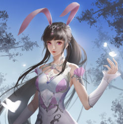 Rule 34 | 1girl, absurdres, animal ears, blue sky, branch, brown hair, bug, butterfly, douluo dalu, douluo dalu xiaowu zhuye, dress, highres, insect, looking at viewer, pink dress, pink eyes, ponytail, rabbit ears, sky, weibo watermark, xiao wu (douluo dalu)