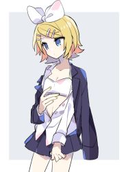 Rule 34 | 1girl, blonde hair, blue eyes, blue jacket, bow, bra, breasts, cleavage, collarbone, flat chest, hair bow, hair ornament, hairclip, hand on own chest, jacket, kagamine rin, looking down, loose clothes, miniskirt, nail polish, pleated skirt, short hair, skirt, skirt tug, solo, tsurime, unbuttoned, unbuttoned shirt, underwear, vocaloid, yellow nails, yoshiki
