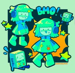Rule 34 | 1girl, adventure time, artist name, bmo, boots, candyje11yfish, character name, colored skin, green footwear, green hair, green skin, hair ornament, headphones, highres, humanization, long sleeves, multiple views, no nose, open mouth, smile, star (symbol), star hair ornament, wide sleeves