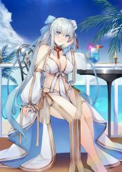Rule 34 | 1girl, bikini, blue eyes, braid, breasts, chair, cocktail glass, crazy straw, cup, detached sleeves, drinking glass, drinking straw, fate/grand order, fate (series), flower, grey hair, hair flower, hair ornament, heart straw, highres, large breasts, long hair, morgan le fay (fate), nakaga eri, ponytail, sitting, smile, swimsuit, table, twin braids, white bikini