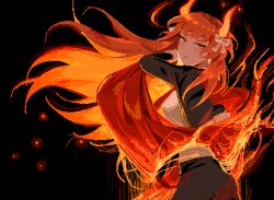 Rule 34 | 1girl, black background, black jacket, black pants, bow, cape, closed mouth, e.g.o (project moon), fiery hair, fiery horns, hair bow, highres, horns, ishmael (project moon), jacket, limbus company, long hair, looking at viewer, na-gyou (nunumaru), necktie, pants, pixel art, project moon, red cape, red necktie, shirt, sidelocks, simple background, solo, very long hair, white bow, white shirt