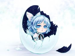 Rule 34 | 1girl, ameya nihachi, angel wings, blue eyes, blue hair, broken egg, chestnut mouth, chibi, egg, hair ribbon, highres, looking at viewer, mai (touhou), matching hair/eyes, open mouth, ponytail, puffy sleeves, ribbon, short hair, short sleeves, solo, touhou, touhou (pc-98), wings